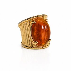 Gold-Plated Wide Band Ring with Amber Cabochon